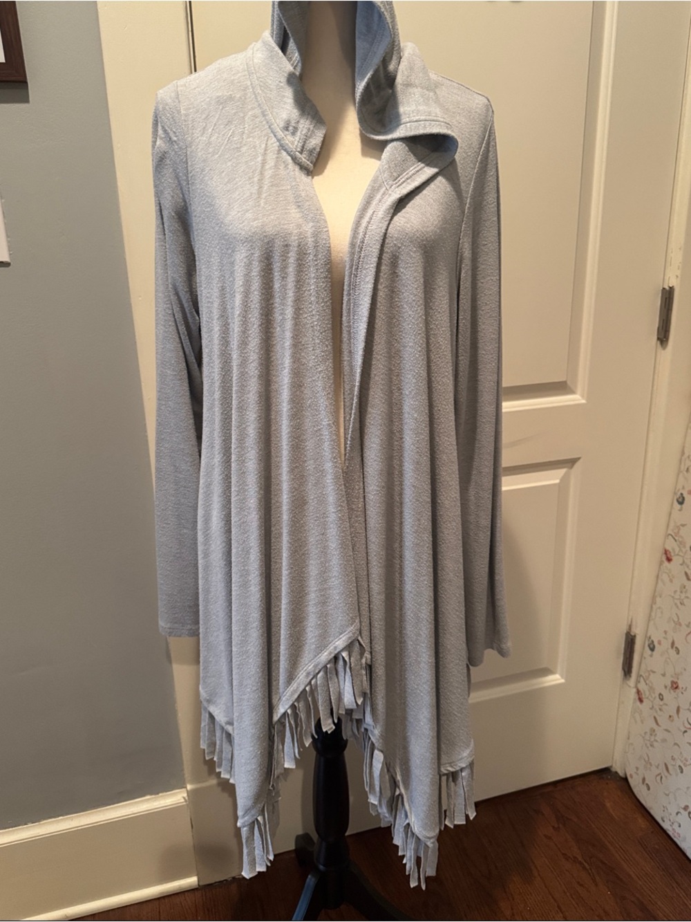 Light Gray Hooded Fringe Open-Front Women's Coat